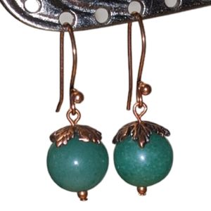 Handmade Green Aventurine Gemstone & Copper Leaves French Hook Dangle Earrings